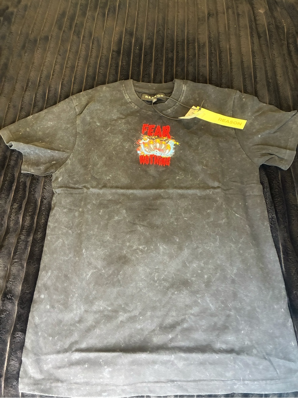 Reason Black Mineral-Wash Short Sleeve Tee with Red Graphic